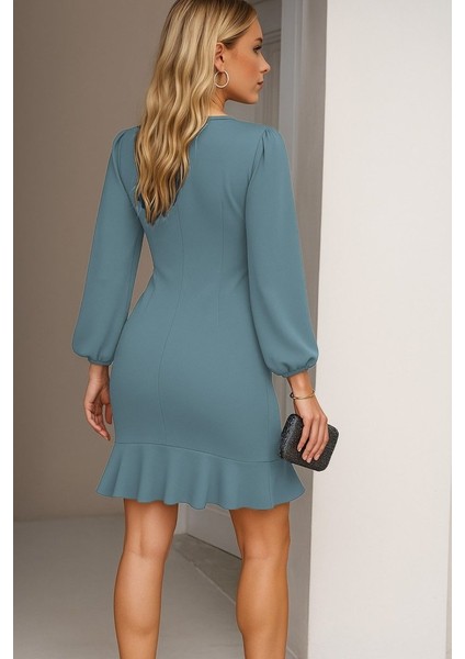 Kadın Uzun Kollu Bisiklet Yaka Önden Volanlı Ithal Krep Elbise fırsatları