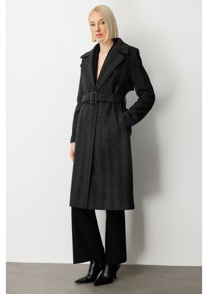 Kadın Beli Kemerli Kaşe Kaban 6003 Antrasit fiyatları