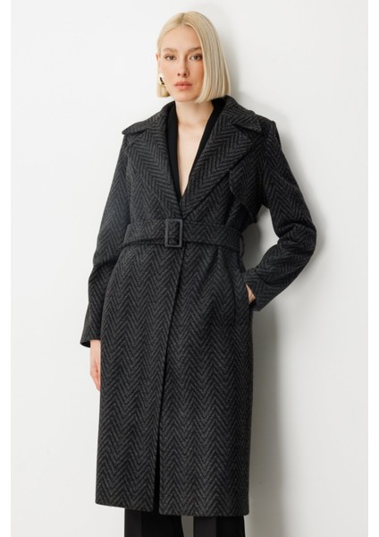 Kadın Beli Kemerli Kaşe Kaban 6003 Antrasit modelleri