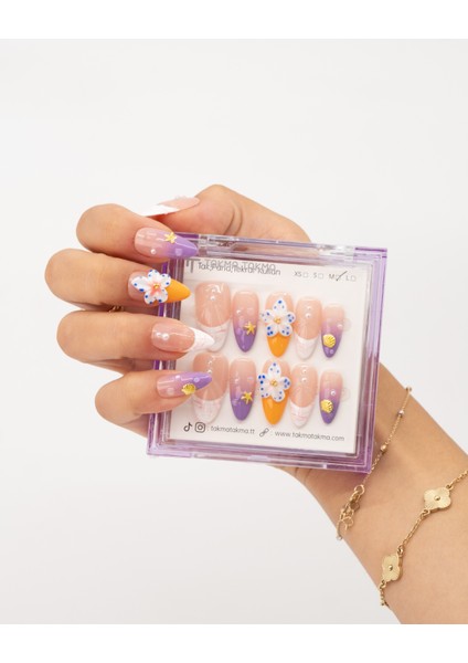 10'lu Renkli Uzun Badem TT1364 Tekrar Kullanılabilir El Yapımı Protez Takma Tırnak - Renkli-L