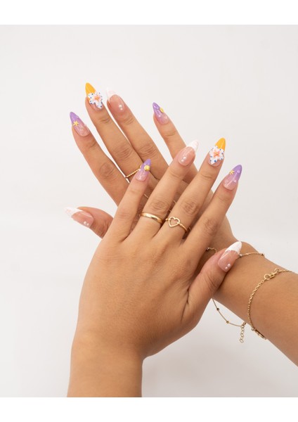 10'lu Renkli Uzun Badem TT1364 Tekrar Kullanılabilir El Yapımı Protez Takma Tırnak - Renkli-L fiyatları