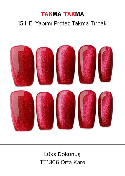 15'li Pembe Orta Kare TT1306 Tekrar Kullanılabilir El Yapımı Protez Takma Tırnak - Ten Rengi-Pembe-M