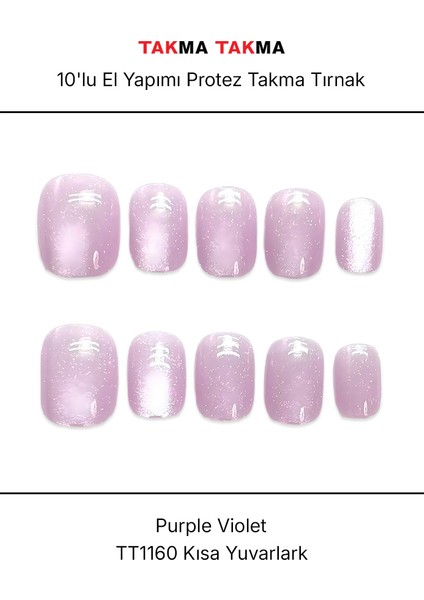 10'lu Mor Kısa Yuvarlak TT1160 Tekrar Kullanılabilir El Yapımı Protez Takma Tırnak - Mor-S