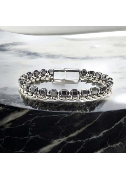 Elmas Kesim Hematit ve Çelik Zincir Bileklik 9592B21D1 modelleri