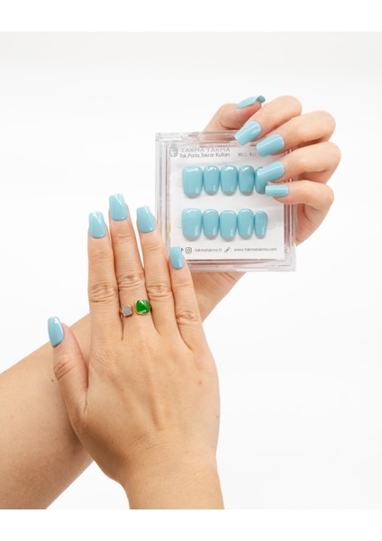 10'lu Mavi Kısa Oval TT1265 Tekrar Kullanılabilir El Yapımı Protez Takma Tırnak - Mavi-S