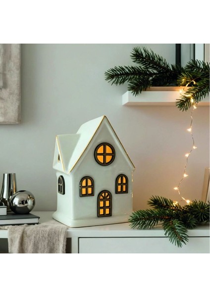 LED Işıklı Seramik Ev Yılbaşı Dekoru | Işıklı Noel Evi | 8,5X7X13,5 cm