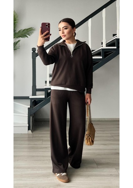 Kahve Modal Kumaş Yarım Fermuarlı Takım