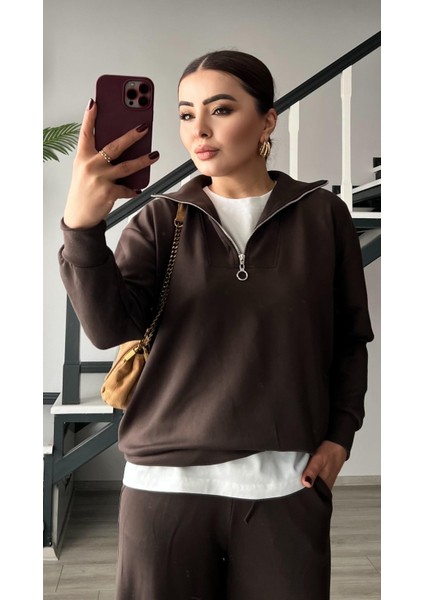 Kahve Modal Kumaş Yarım Fermuarlı Takım fiyatları