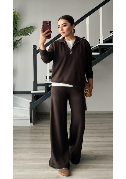 Kahve Modal Kumaş Yarım Fermuarlı Takım