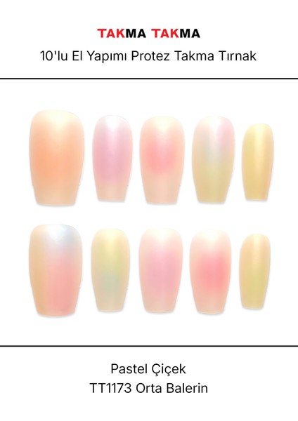 10'lu Renkli Orta Balerin TT1173 Tekrar Kullanılabilir El Yapımı Protez Takma Tırnak - Renkli-M