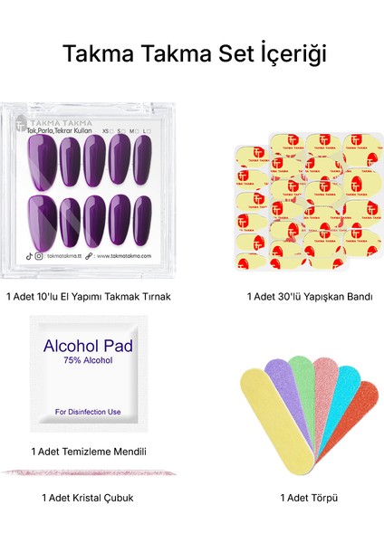 15'li Mor Uzun Oval TT1319 Tekrar Kullanılabilir El Yapımı Protez Takma Tırnak - Mor-M fiyatları