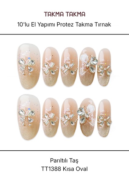 10'lu Ten Rengi Kısa Oval TT1388 Tekrar Kullanılabilir El Yapımı Protez Takma Tırnak - Ten Rengi-XS