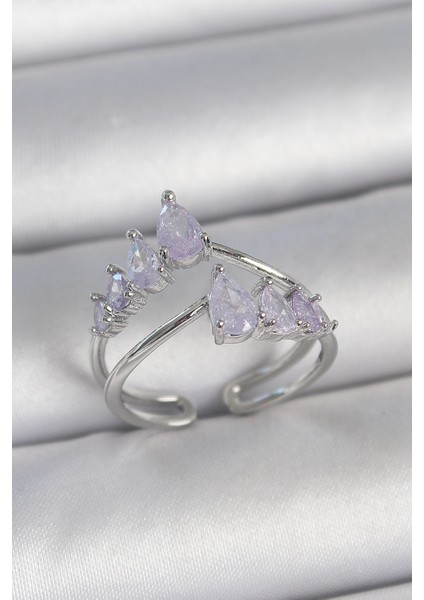 bulurum pirinç gümüş renk mor damla zirkon taşlı taç model kadın yüzük