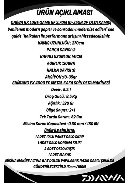 Rx Lure Bf 270CM 10-35GR Shimano Fx 4000 8 Örgü Spin Olta Seti fiyatları