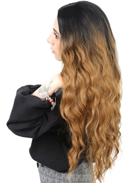 Fiber Sentetik Uzun Su Dalgası Peruk / Siyah / Karamel Ombreli fırsatları