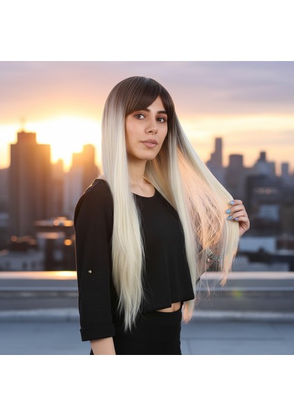 Fiber Sentetik Uzun Düz Kahküllü Peruk / Küllü Açık Kahve / Platin Ombreli