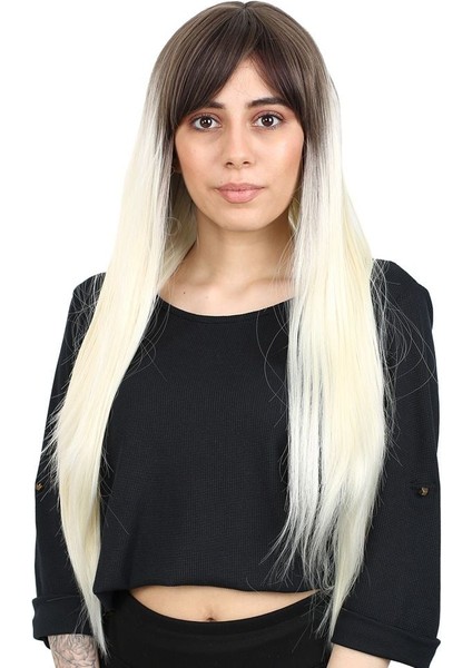 Fiber Sentetik Uzun Düz Kahküllü Peruk / Küllü Açık Kahve / Platin Ombreli fiyatları