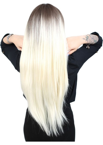 Fiber Sentetik Uzun Düz Kahküllü Peruk / Küllü Açık Kahve / Platin Ombreli indirimleri