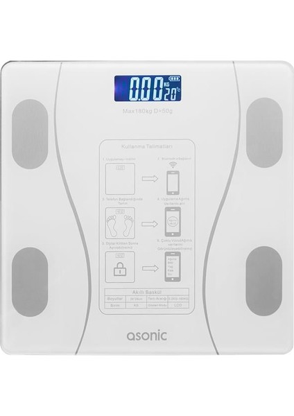Asonic BS260 Beyaz 260X260 mm Dijital Bluetooth Baskül (2*aaa Pil Hediyeli)