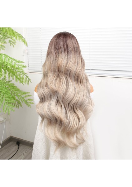 Rus Kumralı Beyaz Platin Ombre ve Röfleli Fiber Sentetik Geniş Dalgalı Tül Peruk indirimleri