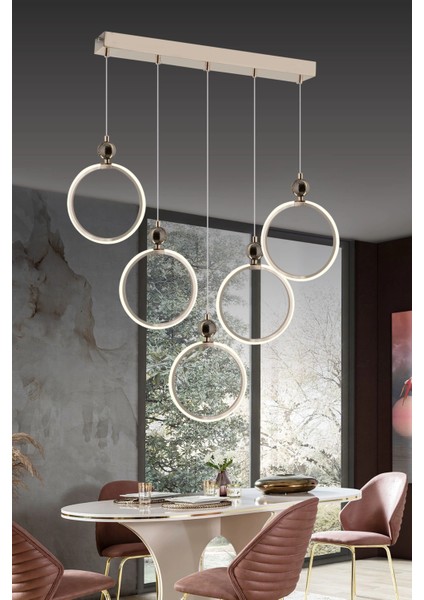 Modern Beşli Yuvarlak Üç Renkli Gold Yemek Odası LED Avize
