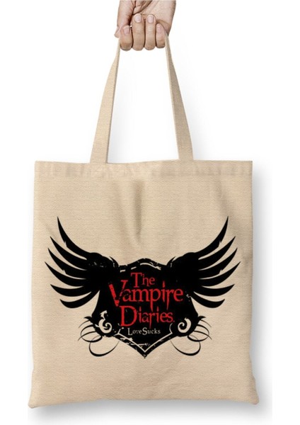 Vampire Diaries Beyaz Bez Çanta Uzun Saplı Alışveriş Çantası Plaj Çantası