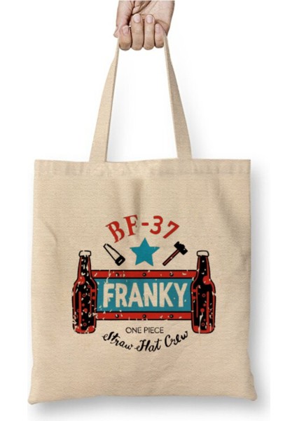 One Piece Franky Beyaz Bez Çanta Uzun Saplı Alışveriş Çantası Plaj Çantası
