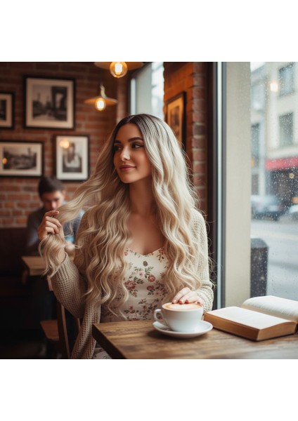 Uzun Su Dalgası Fiber Sentetik Peruk / Kumral / Bal Köpüğü Ombre ve Platin Röfleli