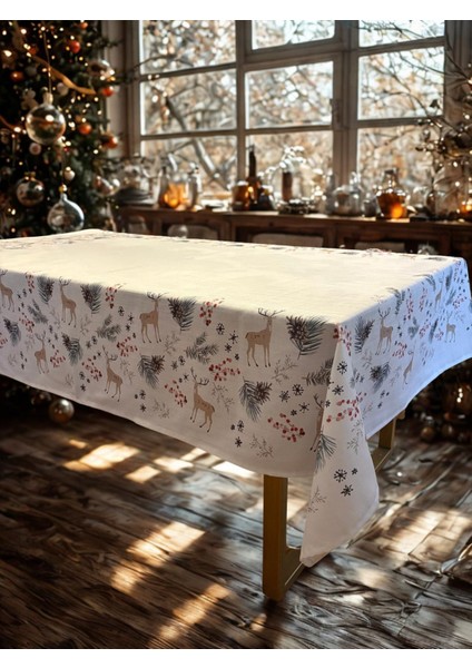 Yılbaşı Temalı Geyik Desenli Keten Masa Örtüsü - Kış Sofrası Dekoru
