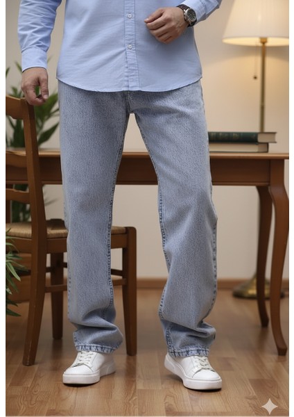 Erkek Buz Mavi Baggy Oversize Bol Paça Jean Kot Pantolon
