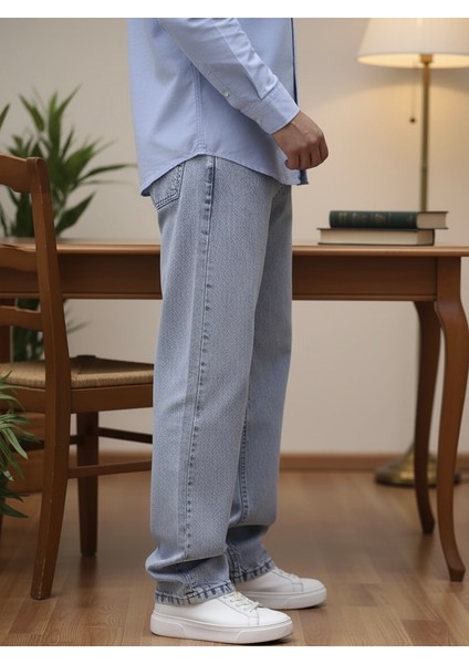 Erkek Buz Mavi Baggy Oversize Bol Paça Jean Kot Pantolon modelleri