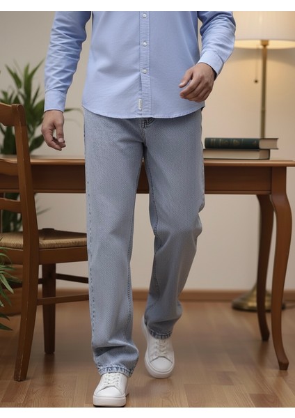 Erkek Buz Mavi Baggy Oversize Bol Paça Jean Kot Pantolon