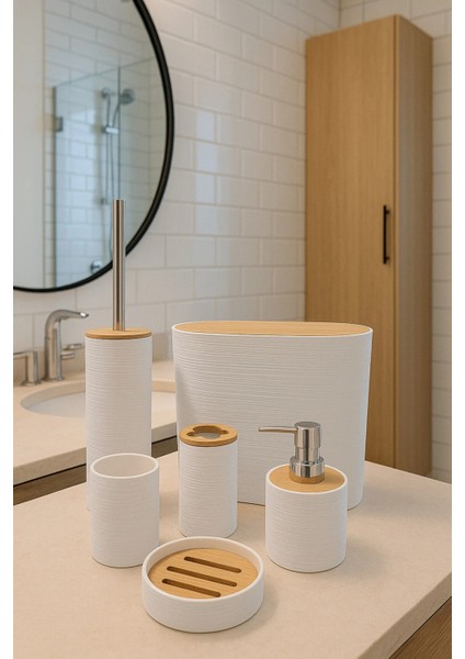 6 Parça Bambu Kapaklı Banyo Seti, Beyaz, Oval, Hacim: 8 Litre