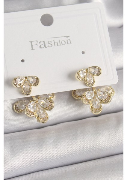 Pirinç Gold Renk Zirkon Taşlı Damla Model Kadın Küpe - Lisinya