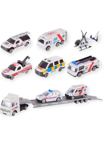 10 Parça Araç Taşıyan Tır Seti - Die Cast - DS047 - Ambulans (Lisinya)
