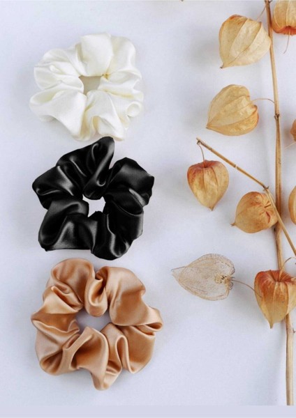 Kadın Saten Saç Lastik Toka Seti 3'lü Şık ve Dayanıklı Siyah Renk