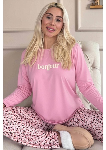 Pembe Bonjour Desenli Uzun Kollu Bambu Örme Kadın Pijama Takımı