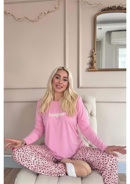 Pembe Bonjour Desenli Uzun Kollu Bambu Örme Kadın Pijama Takımı modelleri