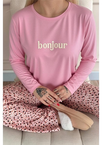 Pembe Bonjour Desenli Uzun Kollu Bambu Örme Kadın Pijama Takımı fırsatları