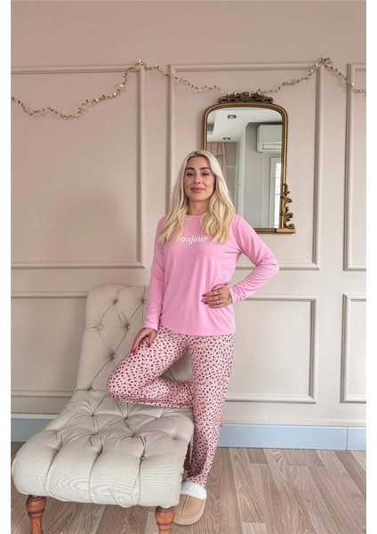 Pembe Bonjour Desenli Uzun Kollu Bambu Örme Kadın Pijama Takımı indirimleri