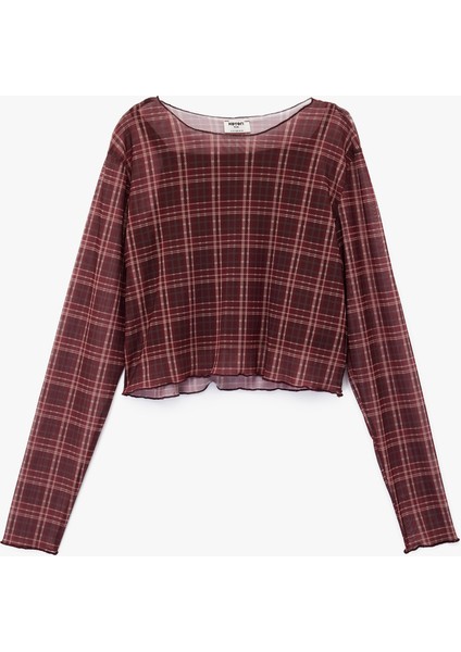 Uzun Kollu Bisiklet Yaka Ekoseli Crop Bluz