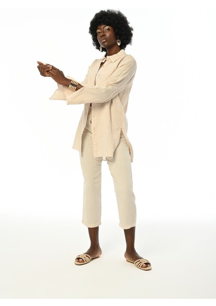 Kadın Uzun Kollu Kolları Detaylı %100 Keten Bej Gömlek modelleri