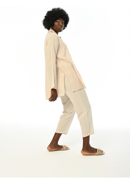 Kadın Uzun Kollu Kolları Detaylı %100 Keten Bej Gömlek fırsatları