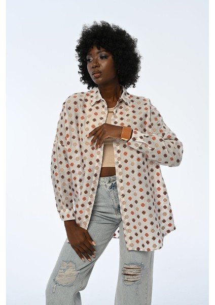 Kadın Çiçek Desenli Oversıze Kalıp Gömlek