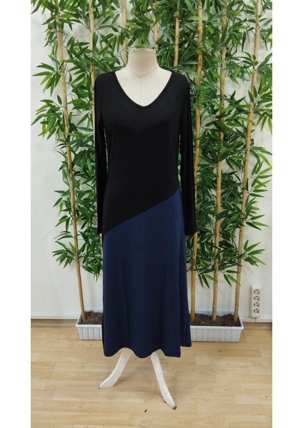 Kadın Uzun Kollu V Yakalı Blok Desenli Viskon Elbise fırsatları