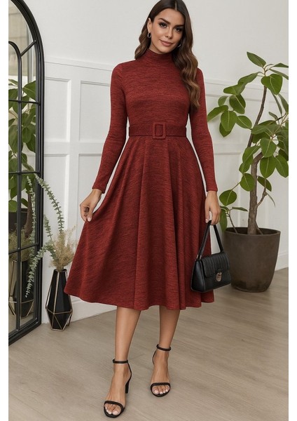 Kadın Uzun Kollu Balıkçı Yaka Kemer Detaylı Yumoş Midi Elbise