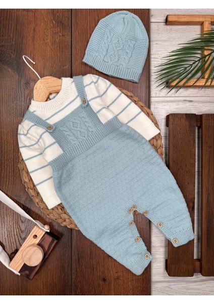 Pamuklu Triko Şapkalı Tulum 2li Erkek Bebek Takım