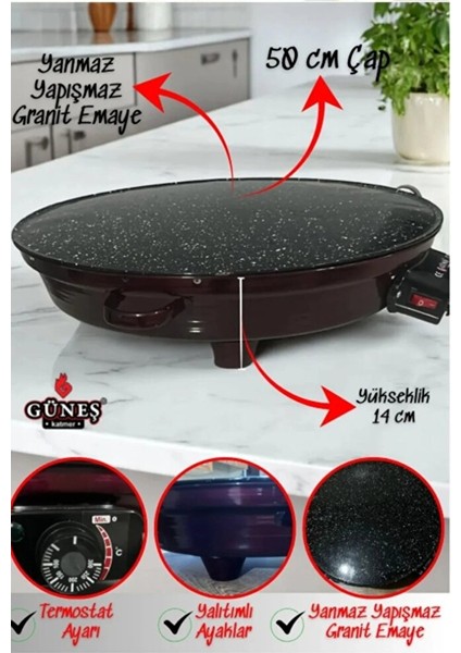 2000W Elektrikli Lüks Termostatlı 50 cm Ekmek,gözleme,börek ve Katmer Sacı