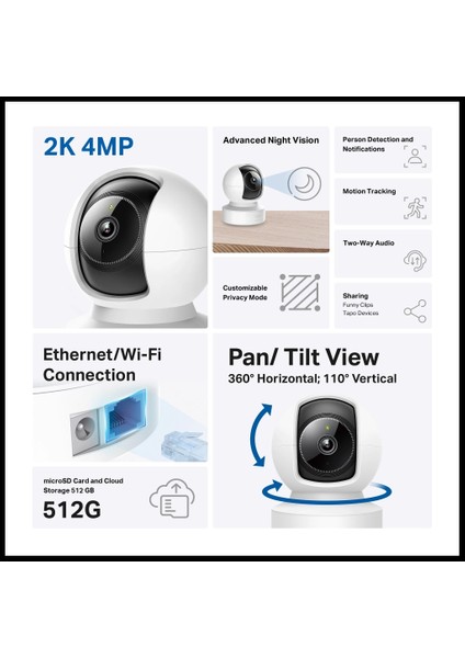 Tp-Lınk Tapo C222, 4,0mpix, Iç ve Dış Mekan, Wifi-Ethernet, 12MT. Gece Görüşü, 360 Dönüş, Dikey ve Yatay Hareket, Iki Yönlü Ses, Yapay Zeka Destekli Güvenlik Kamerası fiyatları