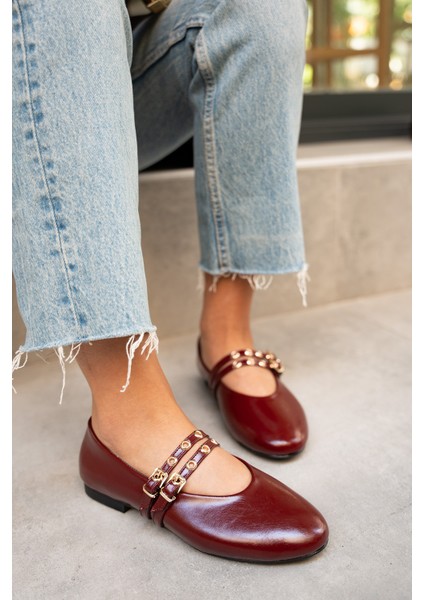 Pari Bordo Deri Gold Tokalı Babet modelleri